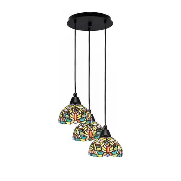 Unbranded Savannah 8 in. 3-Light Matte Black Cord Pendant Light Kaleidoscope Art Glass Shade
