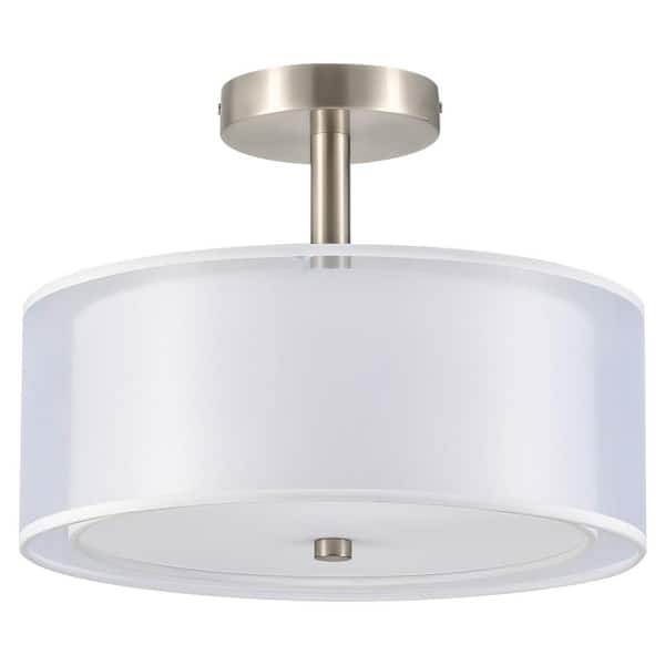 Merra 13 in. 3-Light Brushed Nickel Semi-Flush Mount with Double Fabric Shades