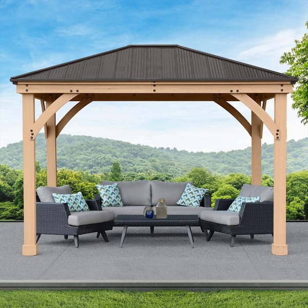 Meridian 10 ft. x 12 ft. Premium Cedar Outdoor Patio Shade Gazebo with Architectural Posts and Brown Aluminum Roof