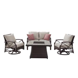 Belleview 4-Piece Wicker Patio Fire Pit Conversation Set with Brown Cushions