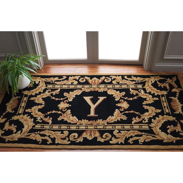 Monogram Black 3 ft. x 6 ft. "Y" Ornate Leaf Indoor/Outdoor Area Rug