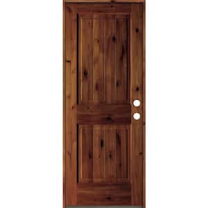 30 in. x 80 in. Rustic Knotty Alder Square Top V-Grooved Red Chestnut Stain Left-Hand Wood Single Prehung Front Door
