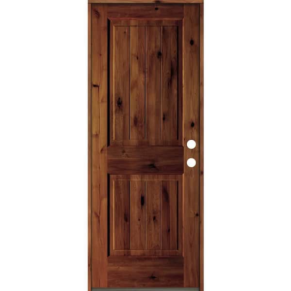Krosswood Doors 30 in. x 80 in. Rustic Knotty Alder Square Top V-Grooved Red Chestnut Stain Left-Hand Wood Single Prehung Front Door