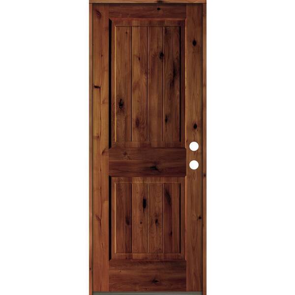Krosswood Doors 32 in. x 80 in. Rustic Knotty Alder Square Top V-Grooved Red Chestnut Stain Left-Hand Wood Single Prehung Front Door