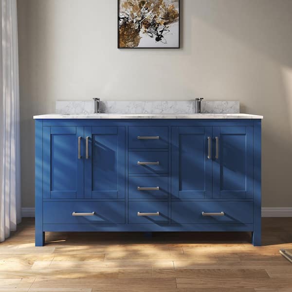 Aeterna 60 in. W x 22 in. D x 34 in. H Double Sinks Freestanding Bath Vanity in Blue with Cultured Marble Top