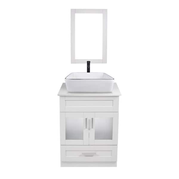 24 in. W x 19 in. D x 33 in. H Single Sink Bath Vanity in White with White Solid Surface Vanity Top and Mirror