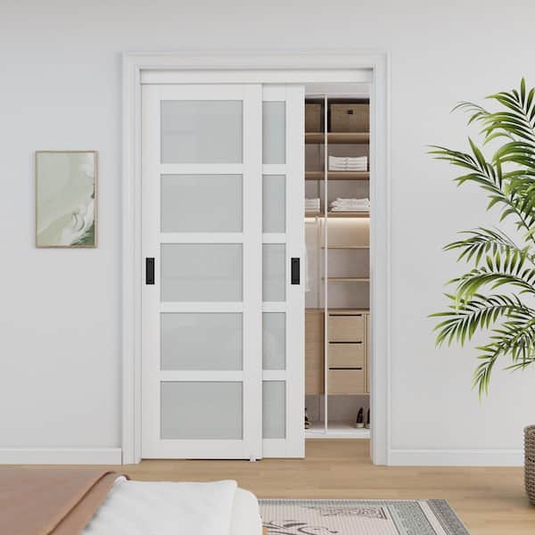48 in. x 80 in. 5-Lite Tempered Frosted Glass Primed White MDF Interior Closet Sliding Door Black Handles and Hardware
