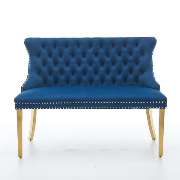 Blue Velvet Tufted Wingback Bench with Gold-Plated Legs, Mid Century Modern 2-Seat Dining Loveseat, Single Pack