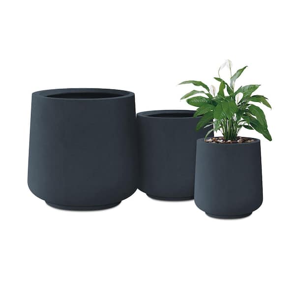 null 17.3 in., 13.4 in. & 10.6 in. H Round Charcoal Concrete Planters (Set of 3), Outdoor Indoor Large with Drainage Holes