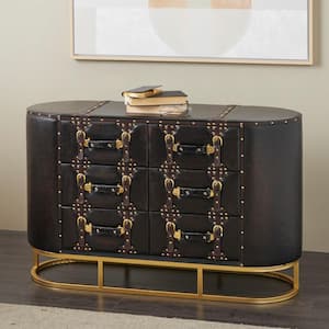 Dark Brown Wooden 3o in. 6 Drawer Cabinet with Straps and Rivets
