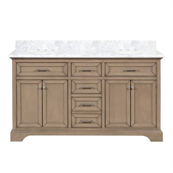 Windlowe 61 in. Double Sink Almond Taupe Bath Vanity with White Carrara Marble Top (Assembled)