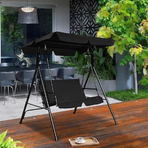 2-Person Steel Frame Patio Canopy Swing Glider with Black Cushion