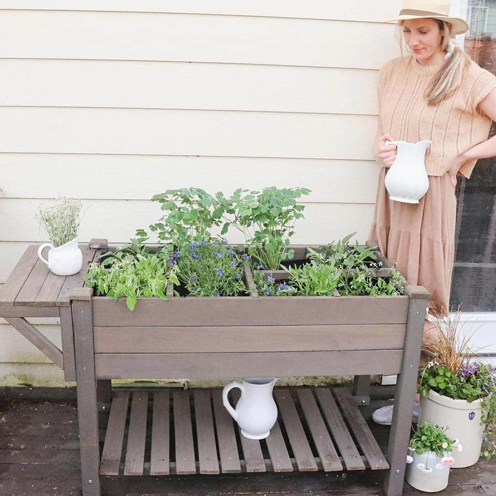 Brown Wooden Raised Garden Bed with Storage Shelf