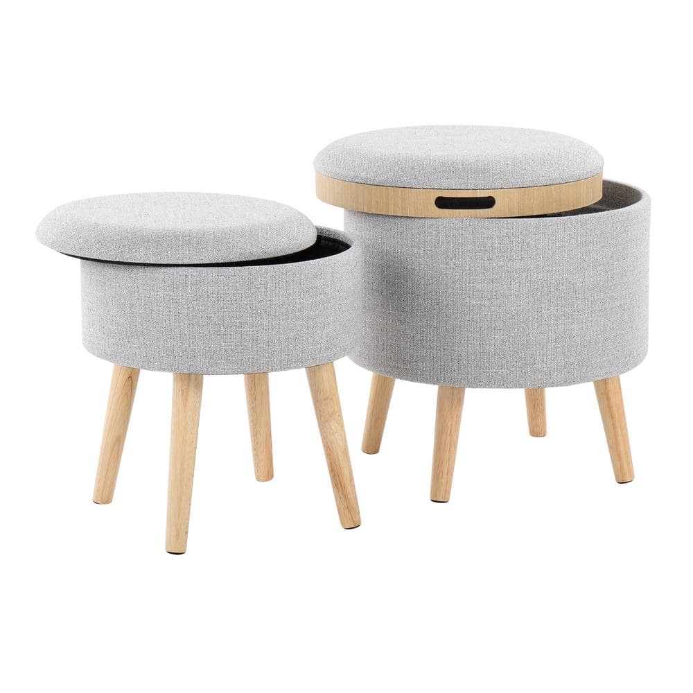 Natural Wood and Light Grey Fabric Round Tray Storage Ottoman Set