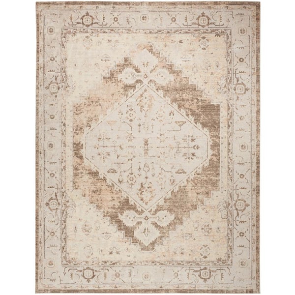 Nourison Astra Machine Washable Beige 8 ft. x 10 ft. Center medallion Traditional Area Rug