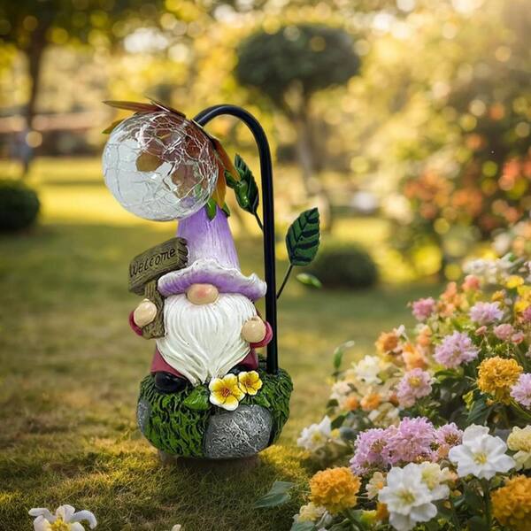 5 in. x 9 in. Purple Resin Gnomes Outdoor Garden Statue with Solar