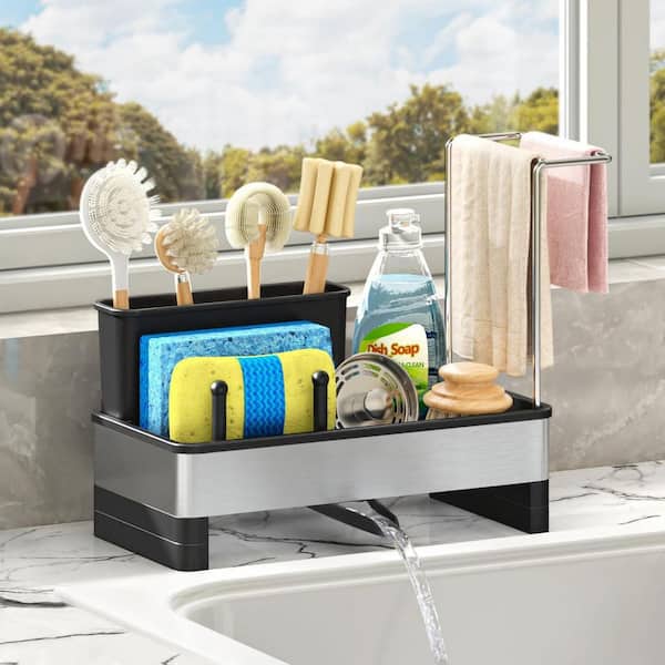 Black Stainless Steel Kitchen Sink Caddy with High Brush Holder, Sponge Holder, 2 Towel Racks, Soap Dispenser