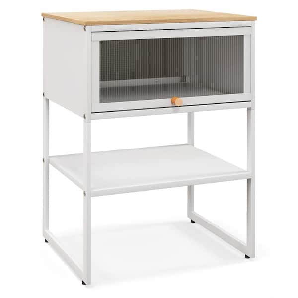 White Nightstand with Flip-Up Door Storage 3-Tier Side Table with Metal Frame and Adjustable Feet