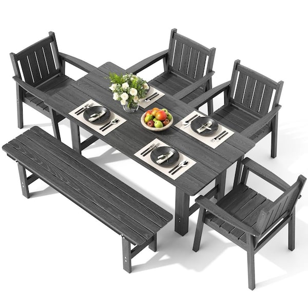 6-Piece HDPE Patio Dining Set with Rectangular Table and Bench