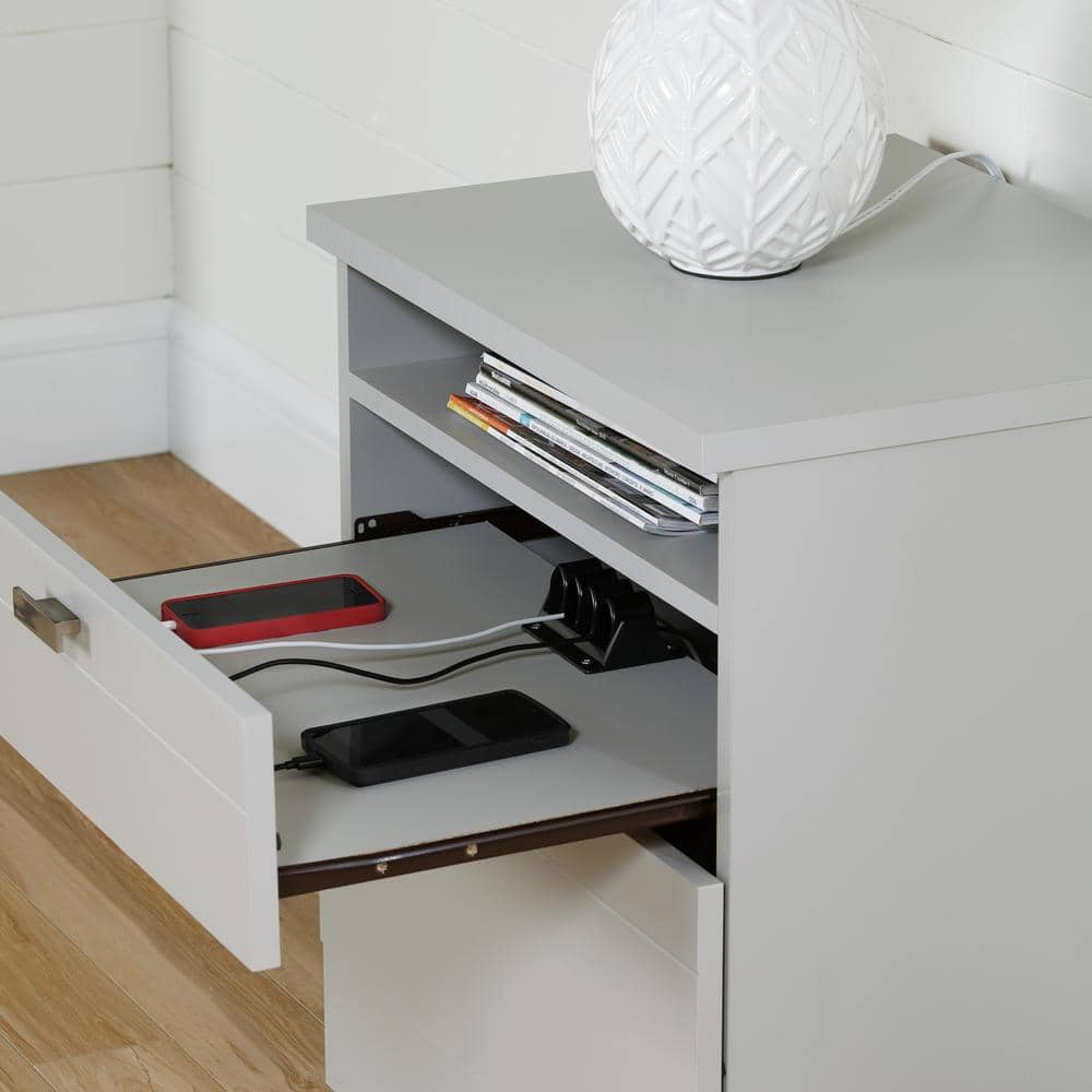 Soft Gray 2-Drawer Particleboard Nightstand with Cord Catcher