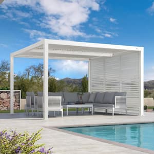 12 ft. x 12 ft. White Aluminum Louvered Pergola with 2 Adjustable Sunshade Roofs and 1-Short Side Fixed Shutter Wall