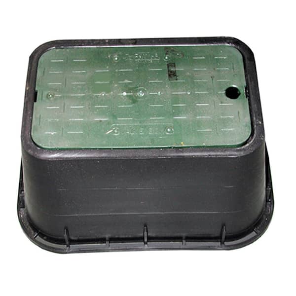 JONES STEPHENS 10 in. x 15 in. Rectangular Water Meter Valve Box and Snap-In Lid (Black Box, Green Lid)