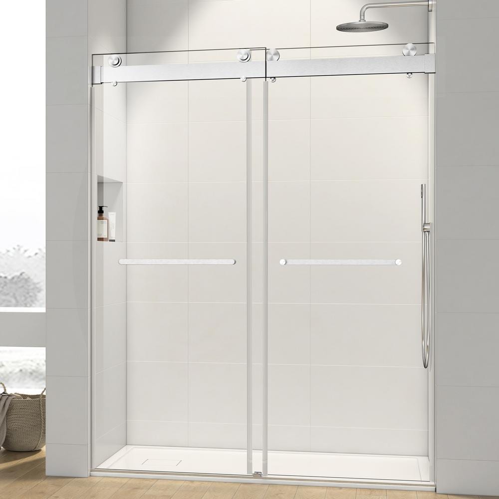 68 in. -72 in. W x 72 in. H Double-Sliding Frameless Shower Door in Brushed