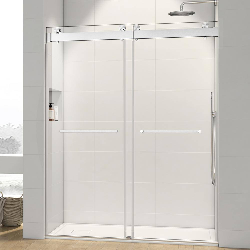 56-60 in. W x 72 in. H Double-Sliding Frameless Shower Door in Brush Nickle
