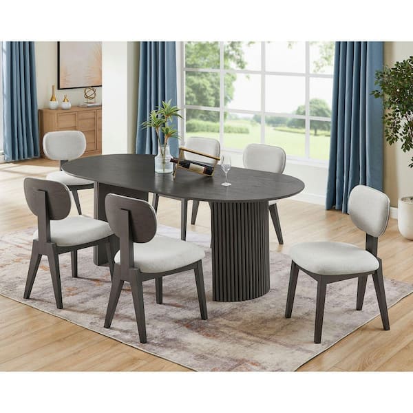 Tabitha 7-Piece Gray Oak Wood Top Oval Dining Set with Upholstered Dining Chairs, Seats 6