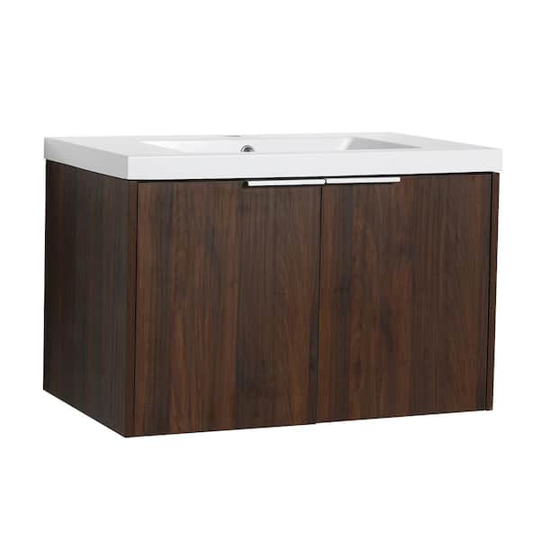 FUNKOL 29.5 in. W x 18.1 in. D x 19.3 in. H 1-Sink Wall-Mounted Bathroom Vanity in Walnut with White Resin Top (KD-Packing)