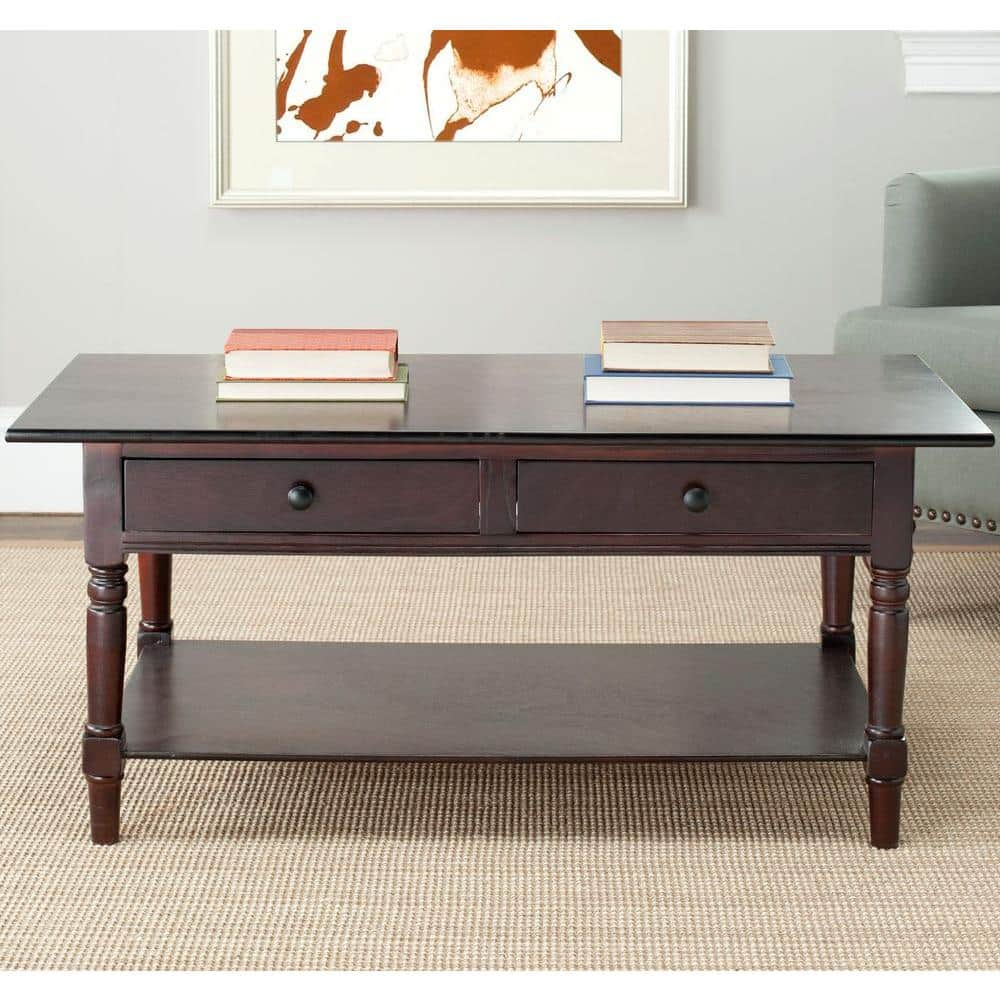 Brown Rectangular Wood Coffee Table with Storage and Drawers