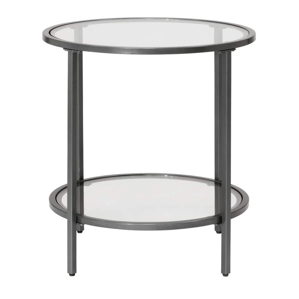 Pewter Round Metal and Glass End Table, 20 Inches