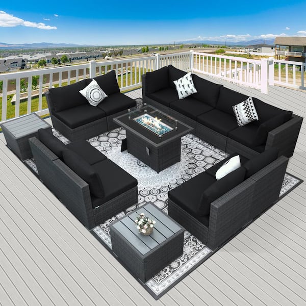 FINCATI Luxury Grey 13-Piece Wicker Metal Patio Fire Pit Sectional Seating Set with Black Cushions and 55,000 BTU Firepit Table
