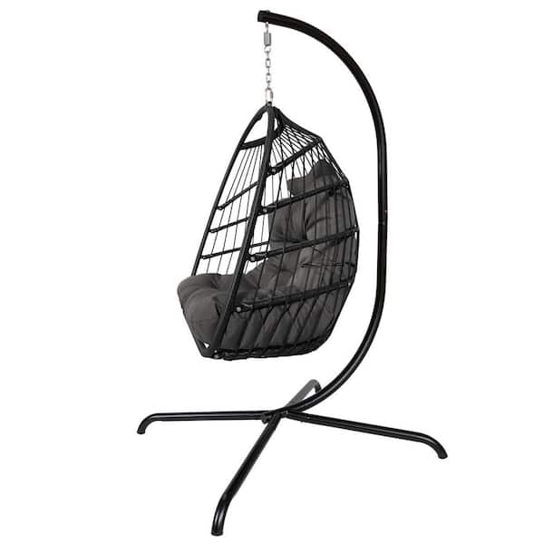 Cisvio Swing Egg Chair with Stand Indoor Outdoor Wicker Rattan Patio Basket Hanging Chair with C Type bracket Black