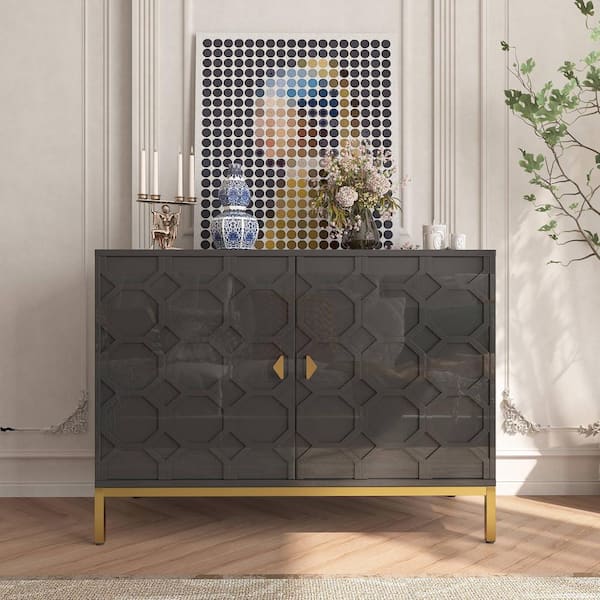 Clihome Modern Black 26.25 in. H 2-Door Storage Cabinet with Honeycomb Pattern, Adjustable Shelves and Golden Leg