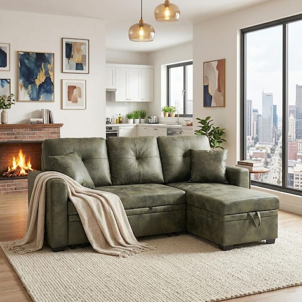 Mary 71 in. Fabric Upholstered L-Shaped Storage Sectional Sofa in Olive Green with Pull-Out Bed, Reversible Chaise