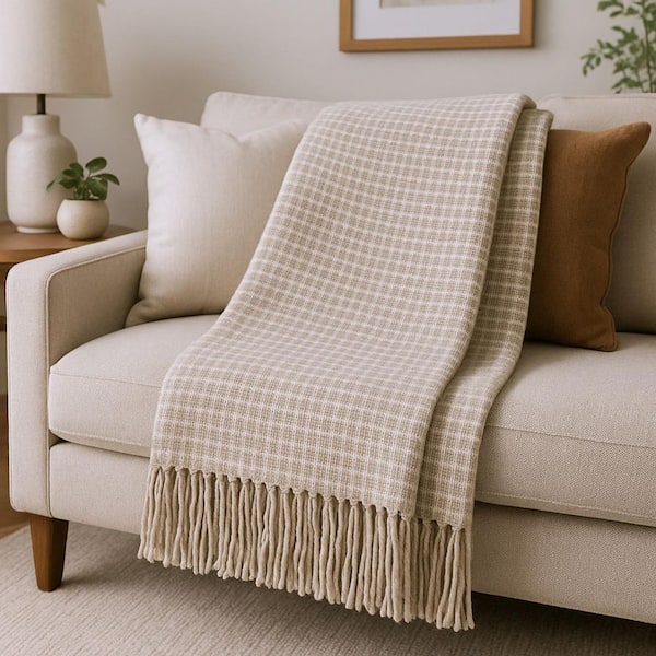 Sand, Cream Plaid Cotton Blend Throw Blanket
