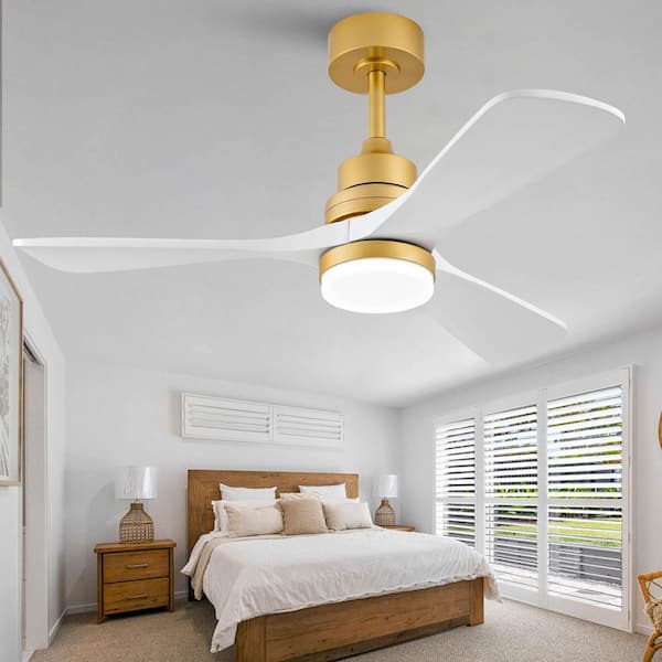42 in. Smart Gold Solid Wood White Blades 2-Size Downrod Mount Standard Ceiling Fan with 3-Color Dimmable LED Light