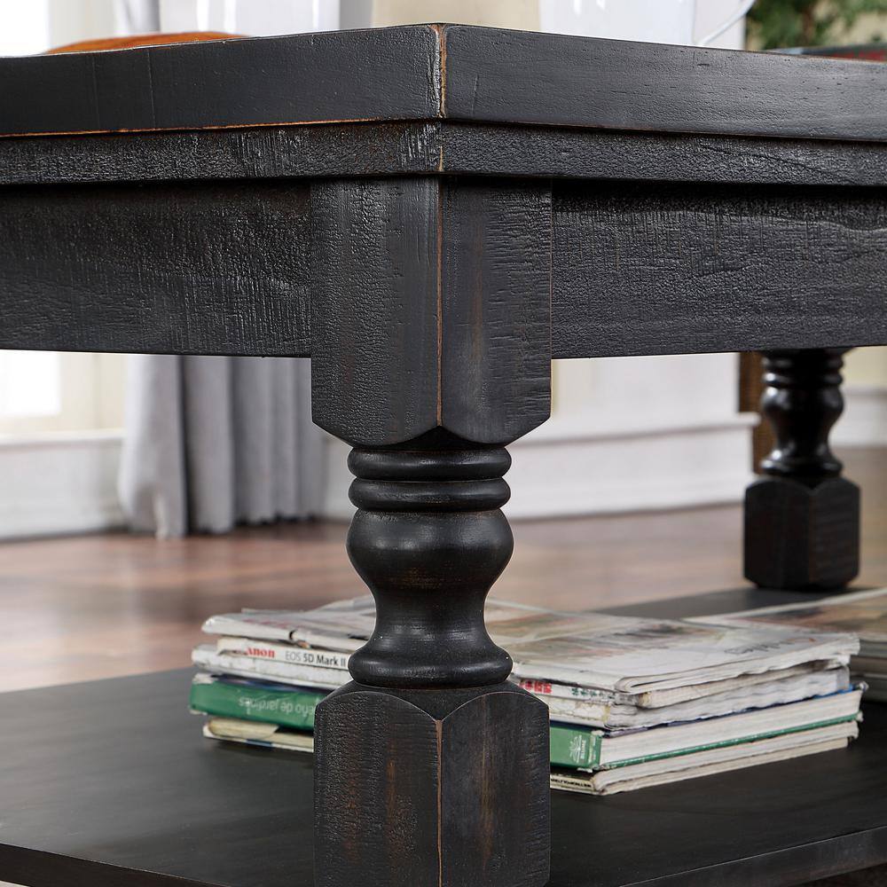 Antique Black Solid Wood Round End Table with Shelf