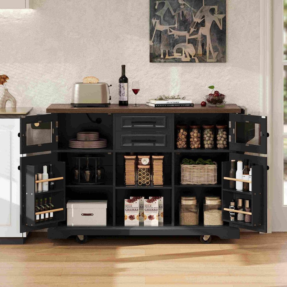Black Wood 54.9 in. Kitchen Island with Drop Leaf, Power Outlet, 4 Door Shelves, Cross Barn Doors & Visual Glass Door