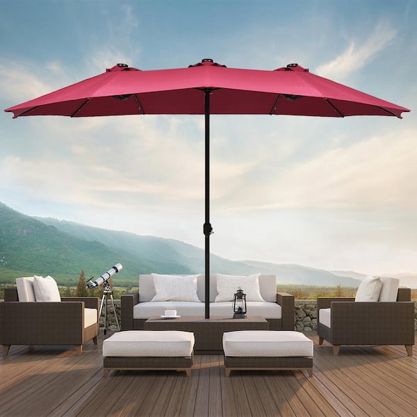 15 ft. Steel Frame Market Solar LED Patio Umbrella with 36-Lights in Burgundy