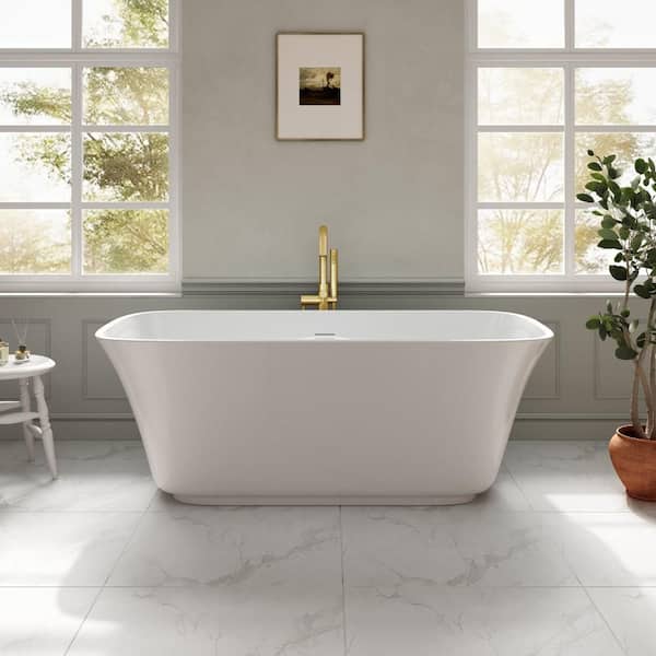 Aveline 60 in. x 29 in. Freestanding Soaking Bathtub Kit in Glossy White, with an Extra Brushed Gold Pop-Up Drain Cap