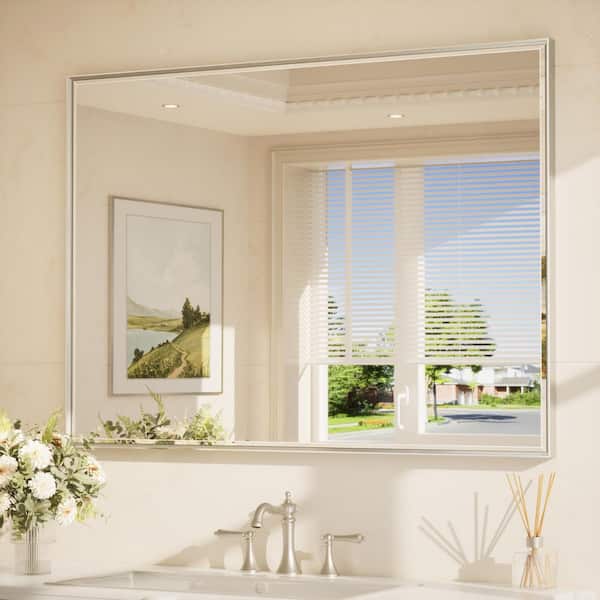 48 in. W x 36 in. H Framed Brushed Nickel Mirrors for Bathroom Wall Beveled Mirror Bathroom Vanity Mirror Over Sink