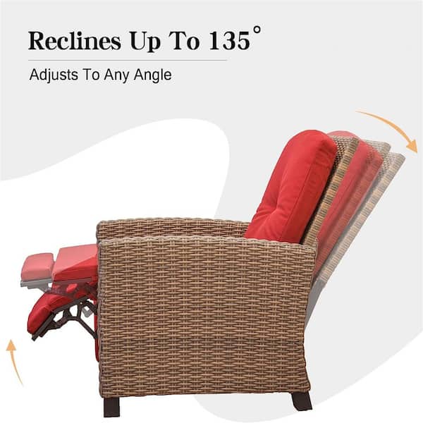 Brown 1-Piece All-Weather Wicker Outdoor Recliner with Red Cushion