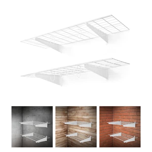48 in. W x 18 in. D White Metal Garage Wall Shelf, Wall Mounted Garage Shelves with 2 Bike Hooks, (Pack of 2)