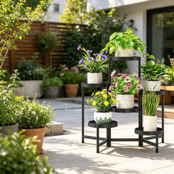 6 Tier Folding Plant Stand with Plastic Tray, Tiered Corner Flower