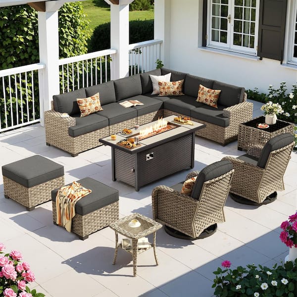 Lumisole 13 Pieces Wicker Rectangular Fire Pit Sets and Swivel Rocking Chairs with Black Cushion
