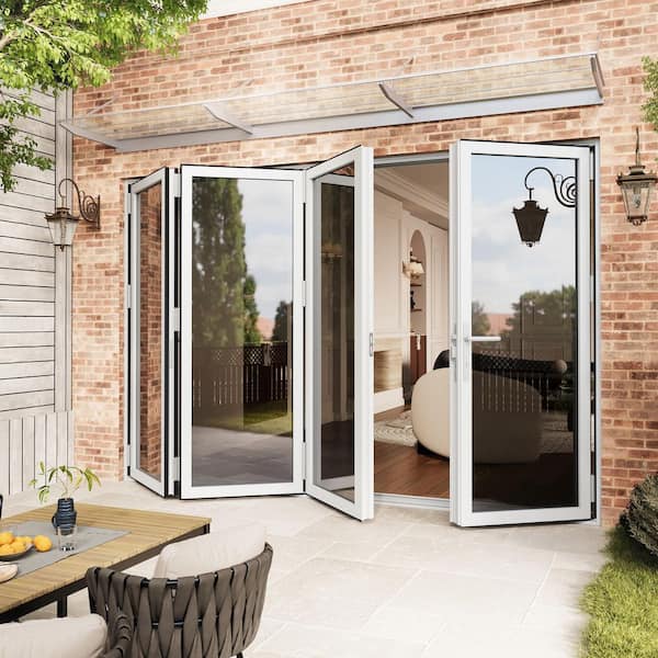 120 in. x 80 in. Left Swing Tempered Glass White Aluminum Folding Patio Door with Door Stopper (3-Folding Plus 1-Swing)