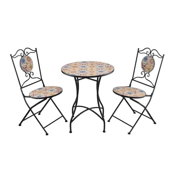 Alpine Corporation Indoor/Outdoor Mediterranean Tile Design Set Table and Chairs Patio Seating
