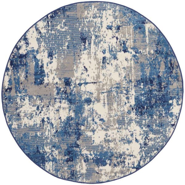 Grafix Navy Blue 5 ft. x 5 ft. Abstract Contemporary Round Area Rug